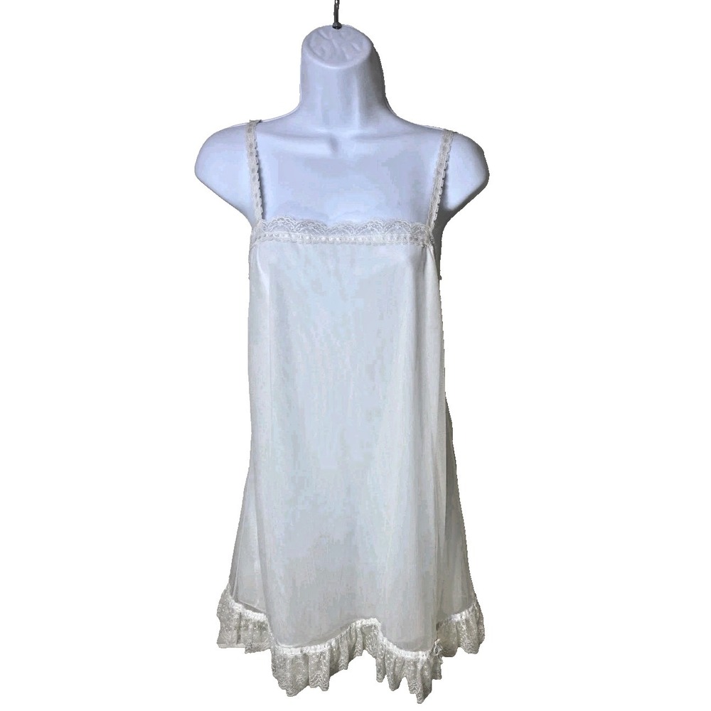 Vtg 1960s Van Raalte Mod Babydoll Shift Nightgown Nylon Lace White Chiffon Sz M